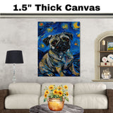 Pug Dog Painting in Van Gogh Starry Night Style with Swirling Brushstrokes and Rich Textured Colors on Ready to Hang 1.5" Thick Canvas Wrap, Floating Framed Canvas, Flat Rolled Canvas