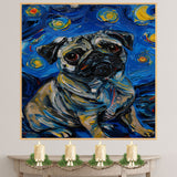 Pug Dog Painting in Van Gogh Starry Night Style with Swirling Brushstrokes and Rich Textured Colors on Ready to Hang 1.5" Thick Canvas Wrap, Floating Framed Canvas, Flat Rolled Canvas