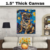 Vibrant Pug Dog Painting in Van Gogh Starry Night Style with Expressive Swirls and Bold Color Brushstrokes on Ready to Hang 1.5" Thick Canvas Wrap, Floating Framed Canvas, Flat Rolled Canvas