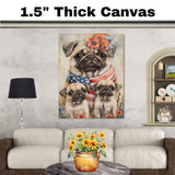 Patriotic Pug Mom with Puppies in American Flag and Floral Headband with Festive Summer Backdrop on Ready to Hang 1.5" Thick Canvas Wrap, Floating Framed Canvas, Flat Rolled Canvas