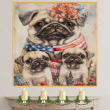 Patriotic Pug Mom with Puppies in American Flag and Floral Headband with Festive Summer Backdrop on Ready to Hang 1.5" Thick Canvas Wrap, Floating Framed Canvas, Flat Rolled Canvas