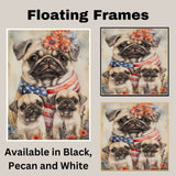 Patriotic Pug Mom with Puppies in American Flag and Floral Headband with Festive Summer Backdrop on Ready to Hang 1.5" Thick Canvas Wrap, Floating Framed Canvas, Flat Rolled Canvas