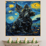 Scottish Terrier Dog Painting in Van Gogh Starry Night Style with Rich Swirls and Deep Expressive Brushstrokes on Ready to Hang 1.5" Thick Canvas Wrap, Floating Framed Canvas, Flat Rolled Canvas