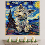 West Highland Terrier Dog Painting in Van Gogh Starry Night Style with Whimsical Swirls and Bold Color Brushwork on Ready to Hang 1.5" Thick Canvas Wrap, Floating Framed Canvas, Flat Rolled Canvas