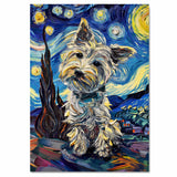 West Highland Terrier Dog Painting in Van Gogh Starry Night Style with Whimsical Swirls and Bold Color Brushwork on Ready to Hang 1.5" Thick Canvas Wrap, Floating Framed Canvas, Flat Rolled Canvas