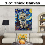 West Highland Terrier Dog Painting in Van Gogh Starry Night Style with Whimsical Swirls and Bold Color Brushwork on Ready to Hang 1.5" Thick Canvas Wrap, Floating Framed Canvas, Flat Rolled Canvas