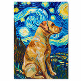 Yellow Labrador Dog Painting in Van Gogh Starry Night Style with Swirling Skies and Vibrant Impressionist Brushstrokes on Ready to Hang 1.5" Thick Canvas Wrap, Floating Framed Canvas, Flat Rolled Canvas
