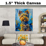 Yorkshire Terrier Dog Painting in Starry Night Style with Swirling Skies and Vibrant Van Gogh Inspired Brushwork on Ready to Hang 1.5" Thick Canvas Wrap, Floating Framed Canvas, Flat Rolled Canvas