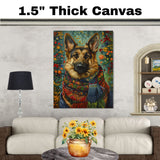 German Shepherd Dog Christmas Painting in Vintage Oil Style with Festive Scarf and Holiday Background on Ready to Hang 1.5" Thick Canvas Wrap, Floating Framed Canvas, Flat Rolled Canvas