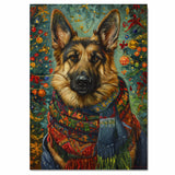 German Shepherd Dog Christmas Painting in Vintage Oil Style with Festive Scarf and Holiday Background on Ready to Hang 1.5" Thick Canvas Wrap, Floating Framed Canvas, Flat Rolled Canvas