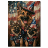 Patriotic German Shepherd Mom and Puppies Dressed in USA Outfits with Flag Background on Ready to Hang 1.5" Thick Canvas Wrap, Floating Framed Canvas, Flat Rolled Canvas