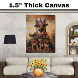 German Shepherd Mom and Puppies in Patriotic Hats and Bowties with American Flag Background for Independence Day on Ready to Hang 1.5" Thick Canvas Wrap, Floating Framed Canvas, Flat Rolled Canvas
