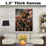 Patriotic German Shepherd Mom and Puppies Dressed in USA Outfits with Flag Background on Ready to Hang 1.5" Thick Canvas Wrap, Floating Framed Canvas, Flat Rolled Canvas
