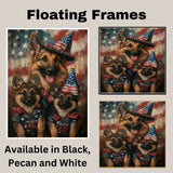 Patriotic German Shepherd Mom and Puppies Dressed in USA Outfits with Flag Background on Ready to Hang 1.5" Thick Canvas Wrap, Floating Framed Canvas, Flat Rolled Canvas