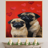 Whimsical Oil Painting of Two Pug Dogs with Hearts on Vibrant Red Background for Dog Lovers and Pet Enthusiasts on Ready to Hang 1.5" Thick Canvas Wrap, Floating Framed Canvas, Flat Rolled Canvas