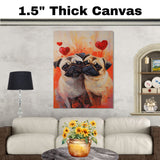 Playful Oil Painting of Two Snuggling Pug Dogs with Big Eyes and Red Hearts on Orange Background for Dog Lovers and Loving Pet Art on Ready to Hang 1.5" Thick Canvas Wrap, Floating Framed Canvas, Flat Rolled Canvas