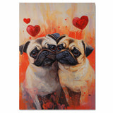 Playful Oil Painting of Two Snuggling Pug Dogs with Big Eyes and Red Hearts on Orange Background for Dog Lovers and Loving Pet Art on Ready to Hang 1.5" Thick Canvas Wrap, Floating Framed Canvas, Flat Rolled Canvas