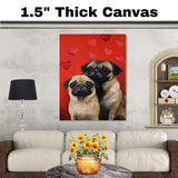 Whimsical Oil Painting of Two Pug Dogs with Hearts on Vibrant Red Background for Dog Lovers and Pet Enthusiasts on Ready to Hang 1.5" Thick Canvas Wrap, Floating Framed Canvas, Flat Rolled Canvas