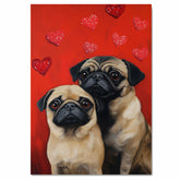 Whimsical Oil Painting of Two Pug Dogs with Hearts on Vibrant Red Background for Dog Lovers and Pet Enthusiasts on Ready to Hang 1.5" Thick Canvas Wrap, Floating Framed Canvas, Flat Rolled Canvas