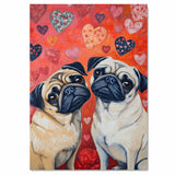 Charming Oil Painting of Two Pug Dogs with Serious Faces Surrounded by Hearts on Red Background Ideal for Dog Lovers Humorous Pet Art on Ready to Hang 1.5" Thick Canvas Wrap, Floating Framed Canvas, Flat Rolled Canvas