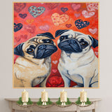 Charming Oil Painting of Two Pug Dogs with Serious Faces Surrounded by Hearts on Red Background Ideal for Dog Lovers Humorous Pet Art on Ready to Hang 1.5" Thick Canvas Wrap, Floating Framed Canvas, Flat Rolled Canvas