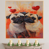 Playful Oil Painting of Two Snuggling Pug Dogs with Big Eyes and Red Hearts on Orange Background for Dog Lovers and Loving Pet Art on Ready to Hang 1.5" Thick Canvas Wrap, Floating Framed Canvas, Flat Rolled Canvas