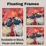 Charming Oil Painting of Two Pug Dogs with Serious Faces Surrounded by Hearts on Red Background Ideal for Dog Lovers Humorous Pet Art on Ready to Hang 1.5" Thick Canvas Wrap, Floating Framed Canvas, Flat Rolled Canvas