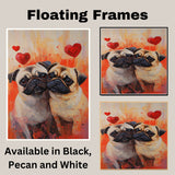 Playful Oil Painting of Two Snuggling Pug Dogs with Big Eyes and Red Hearts on Orange Background for Dog Lovers and Loving Pet Art on Ready to Hang 1.5" Thick Canvas Wrap, Floating Framed Canvas, Flat Rolled Canvas