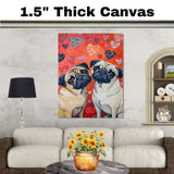 Charming Oil Painting of Two Pug Dogs with Serious Faces Surrounded by Hearts on Red Background Ideal for Dog Lovers Humorous Pet Art on Ready to Hang 1.5" Thick Canvas Wrap, Floating Framed Canvas, Flat Rolled Canvas