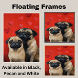 Whimsical Oil Painting of Two Pug Dogs with Hearts on Vibrant Red Background for Dog Lovers and Pet Enthusiasts on Ready to Hang 1.5" Thick Canvas Wrap, Floating Framed Canvas, Flat Rolled Canvas