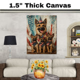 Happy German Shepherd Mother and Puppies in Patriotic Outfits with Rustic American Flag Backdrop on Ready to Hang 1.5" Thick Canvas Wrap, Floating Framed Canvas, Flat Rolled Canvas