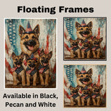Happy German Shepherd Mother and Puppies in Patriotic Outfits with Rustic American Flag Backdrop on Ready to Hang 1.5" Thick Canvas Wrap, Floating Framed Canvas, Flat Rolled Canvas