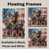 Rustic Patriotic German Shepherd Mother and Three Puppies in American Flag Hats and Bowties on Ready to Hang 1.5" Thick Canvas Wrap, Floating Framed Canvas, Flat Rolled Canvas