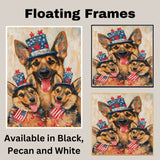 German Shepherd Mom and Puppies in Starry Patriotic Hats with Red Bowties and Distressed American Flag Background on Ready to Hang 1.5" Thick Canvas Wrap, Floating Framed Canvas, Flat Rolled Canvas