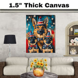 German Shepherd Mom and Puppies in Patriotic Party Hats and Bowties with American Flag Background in Bold Colors on Ready to Hang 1.5" Thick Canvas Wrap, Floating Framed Canvas, Flat Rolled Canvas