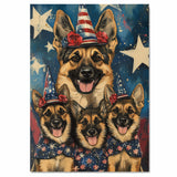 German Shepherd Mother and Puppies in Patriotic Hats and Bows with Starry Background and American Flag Outfits on Ready to Hang 1.5" Thick Canvas Wrap, Floating Framed Canvas, Flat Rolled Canvas