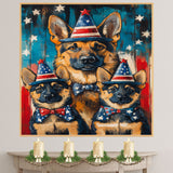 German Shepherd Mom and Puppies in Patriotic Party Hats and Bowties with American Flag Background in Bold Colors on Ready to Hang 1.5" Thick Canvas Wrap, Floating Framed Canvas, Flat Rolled Canvas
