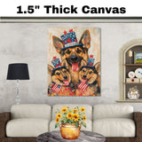 German Shepherd Mom and Puppies in Starry Patriotic Hats with Red Bowties and Distressed American Flag Background on Ready to Hang 1.5" Thick Canvas Wrap, Floating Framed Canvas, Flat Rolled Canvas
