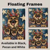 German Shepherd Mother and Puppies in Patriotic Hats and Bows with Starry Background and American Flag Outfits on Ready to Hang 1.5" Thick Canvas Wrap, Floating Framed Canvas, Flat Rolled Canvas