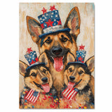 German Shepherd Mom and Puppies in Starry Patriotic Hats with Red Bowties and Distressed American Flag Background on Ready to Hang 1.5" Thick Canvas Wrap, Floating Framed Canvas, Flat Rolled Canvas