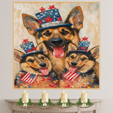 German Shepherd Mom and Puppies in Starry Patriotic Hats with Red Bowties and Distressed American Flag Background on Ready to Hang 1.5" Thick Canvas Wrap, Floating Framed Canvas, Flat Rolled Canvas