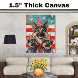 German Shepherd Mom and Puppies in Star-Spangled Outfits and Floral Patriotic Hats on Blue Starry Background on Ready to Hang 1.5" Thick Canvas Wrap, Floating Framed Canvas, Flat Rolled Canvas