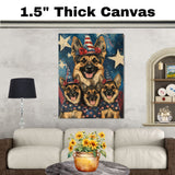 German Shepherd Mother and Puppies in Patriotic Hats and Bows with Starry Background and American Flag Outfits on Ready to Hang 1.5" Thick Canvas Wrap, Floating Framed Canvas, Flat Rolled Canvas