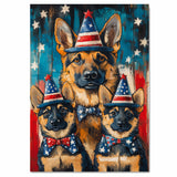 German Shepherd Mom and Puppies in Patriotic Party Hats and Bowties with American Flag Background in Bold Colors on Ready to Hang 1.5" Thick Canvas Wrap, Floating Framed Canvas, Flat Rolled Canvas
