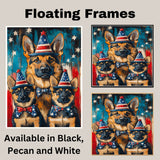 German Shepherd Mom and Puppies in Patriotic Party Hats and Bowties with American Flag Background in Bold Colors on Ready to Hang 1.5" Thick Canvas Wrap, Floating Framed Canvas, Flat Rolled Canvas