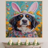 Easter Elegance: Bernese Mountain Dog Dressed in a Playful Holiday Ensemble on Ready to Hang 1.5" Thick Canvas Wrap, Floating Framed Canvas, Flat Rolled Canvas