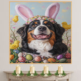 Springtime Whimsy: Bernese Mountain Dog Posing in a Delightful Easter Costume on Ready to Hang 1.5" Thick Canvas Wrap, Floating Framed Canvas, Flat Rolled Canvas
