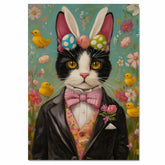 Easter Mischief: Black and White Tuxedo Cat Posing in a Charming Holiday Outfit on Ready to Hang 1.5" Thick Canvas Wrap, Floating Framed Canvas, Flat Rolled Canvas