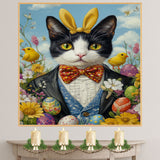 Playful Charm: Black and White Tuxedo Cat Dressed in a Vibrant Easter Ensemble on Ready to Hang 1.5" Thick Canvas Wrap, Floating Framed Canvas, Flat Rolled Canvas