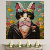 Easter Mischief: Black and White Tuxedo Cat Posing in a Charming Holiday Outfit on Ready to Hang 1.5" Thick Canvas Wrap, Floating Framed Canvas, Flat Rolled Canvas